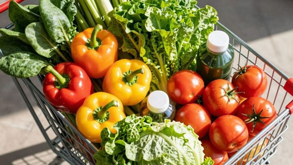 Fresh groceries and produce in a shopping cart.