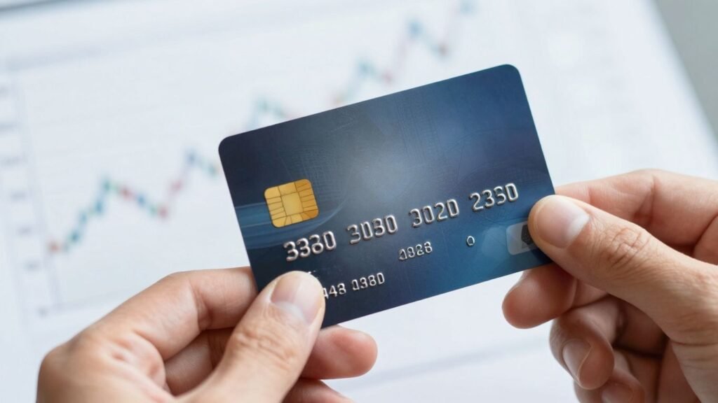 Hand holding credit card with upward financial trend.