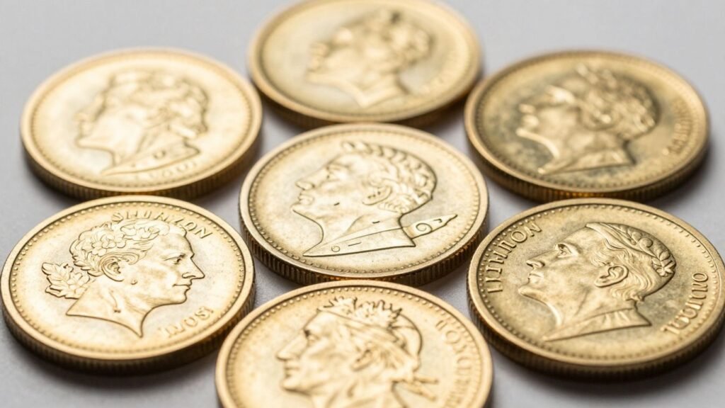 Collection of five shiny gold investment coins.