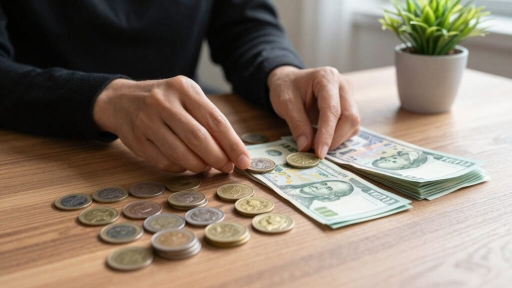 Person organizing money for a budget.