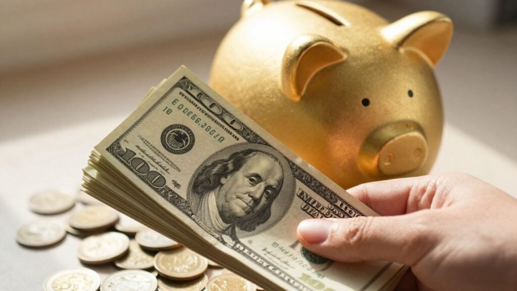 Hand holding money near a piggy bank.