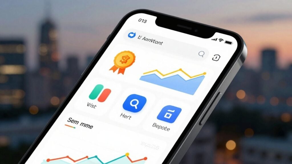 Smartphone displaying financial management apps with cityscape background.