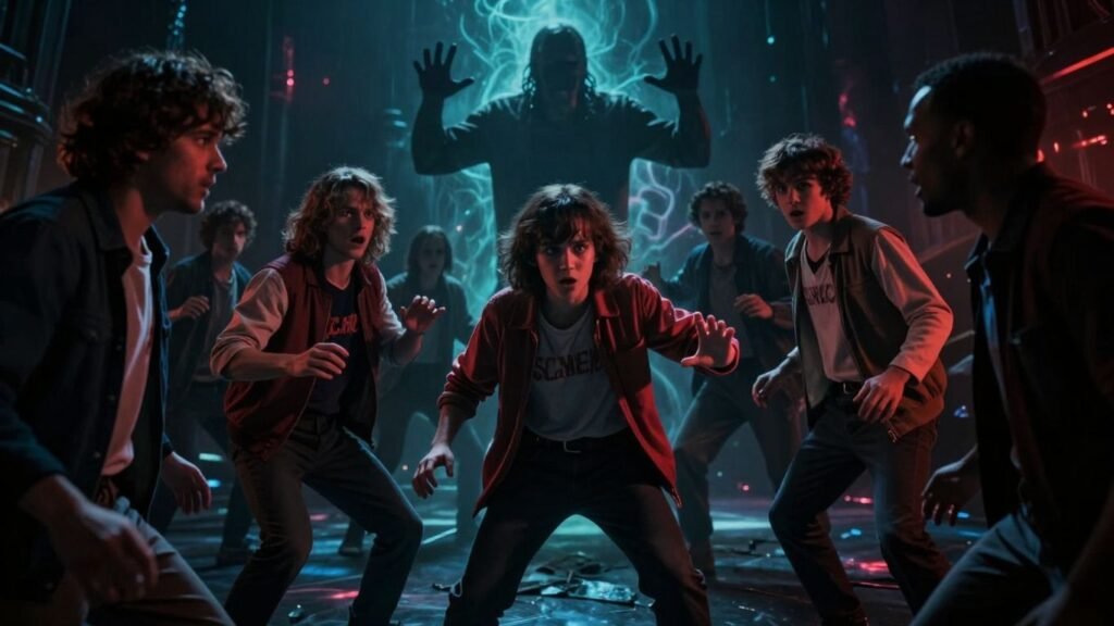 Stranger Things finale battle scene with characters and supernatural threat.