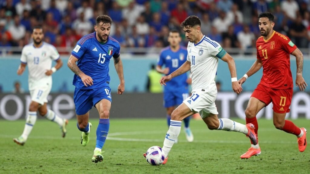 Italy vs Israel football match action on the pitch.