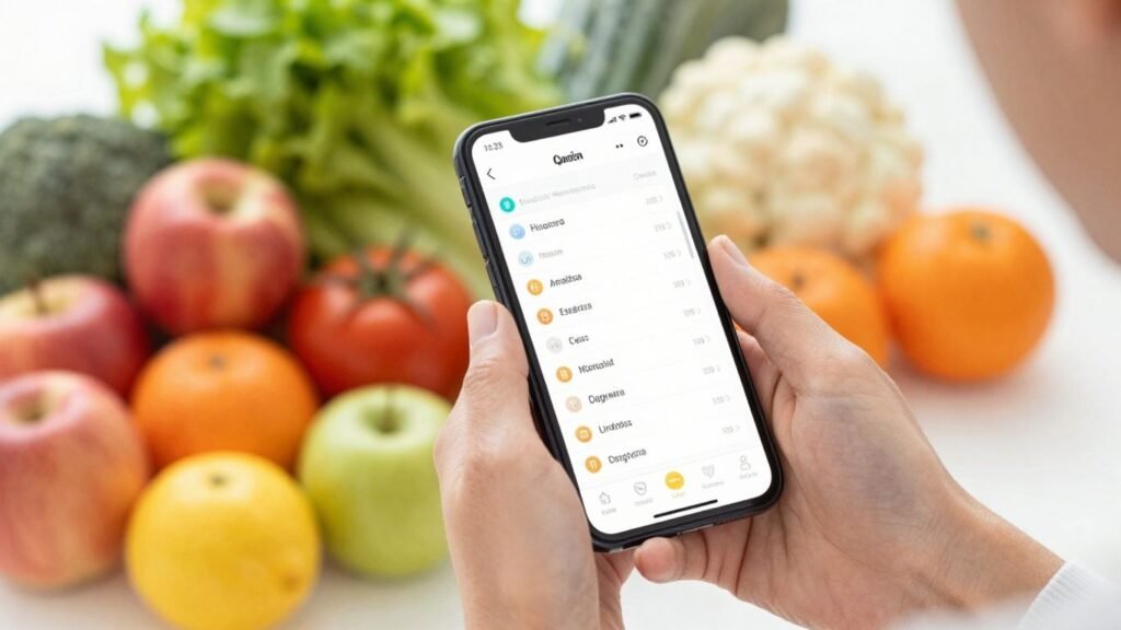 Hands holding phone with grocery savings app and fresh produce.