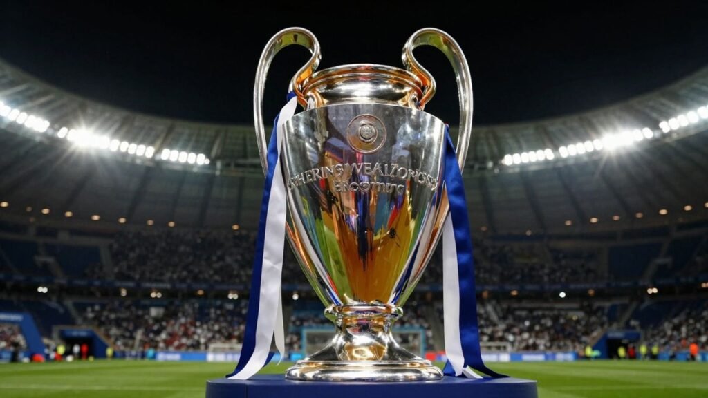 Champions League trophy with stadium lights in background.