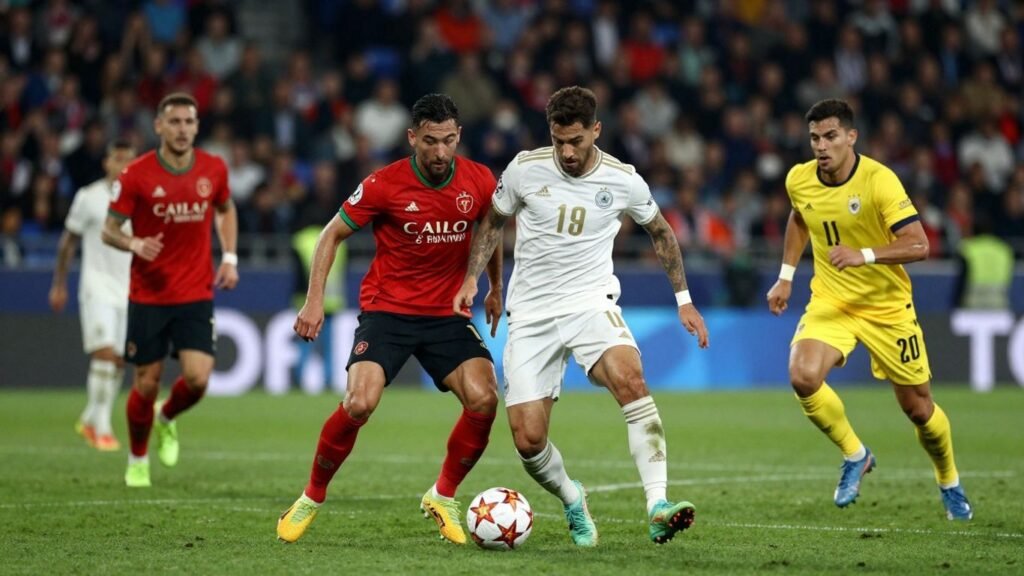 UEFA Champions League match action with players and stadium.