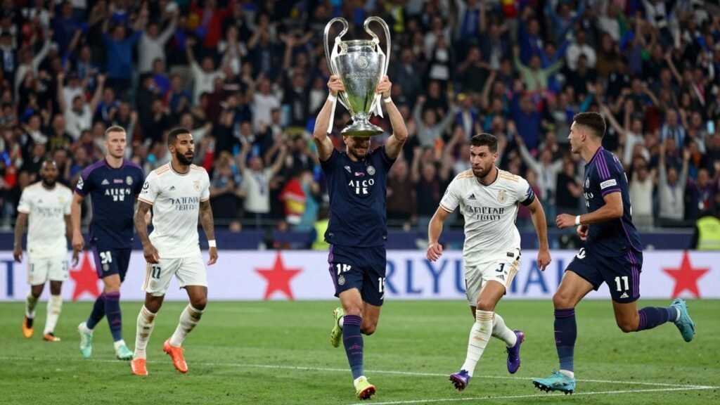 Champions League trophy and players on a football pitch.