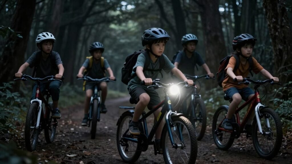 Kids on bikes in a spooky forest at night.