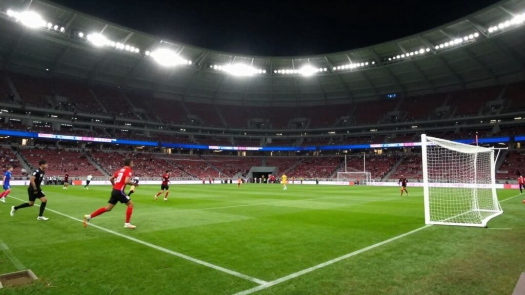 Football match in stadium with players on pitch.