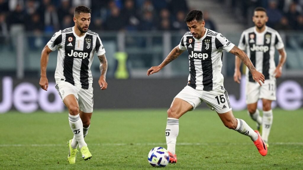 Juventus and Lecce players in action during a soccer match.