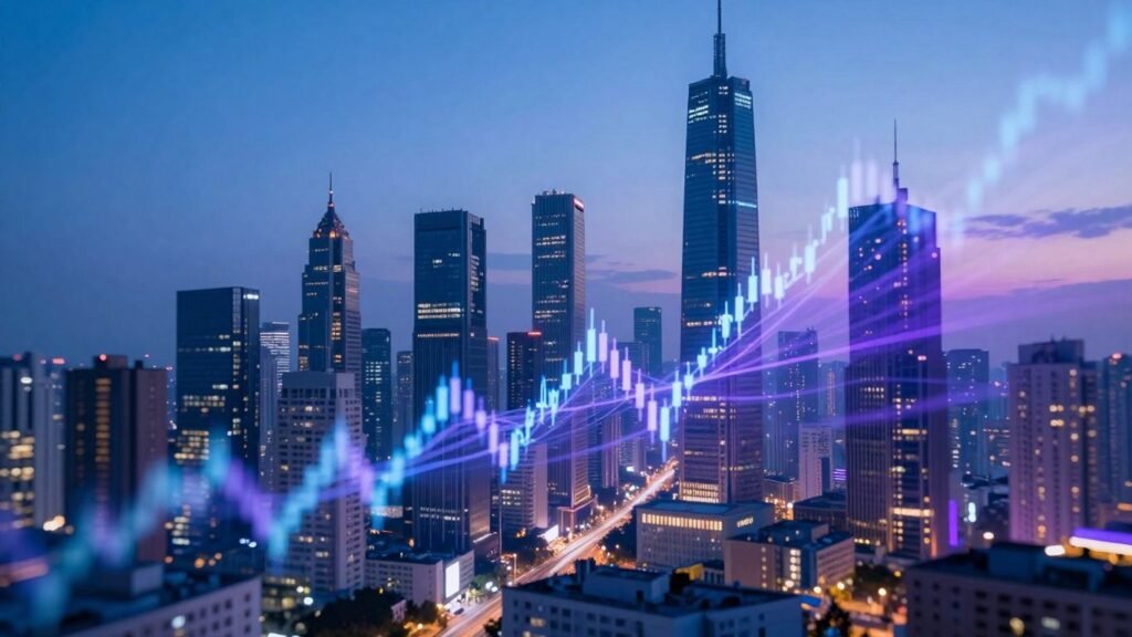 Futuristic finance cityscape with digital streams.