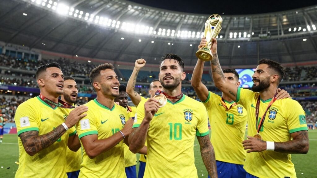 Brazil soccer team celebrates Olympic gold medal victory.