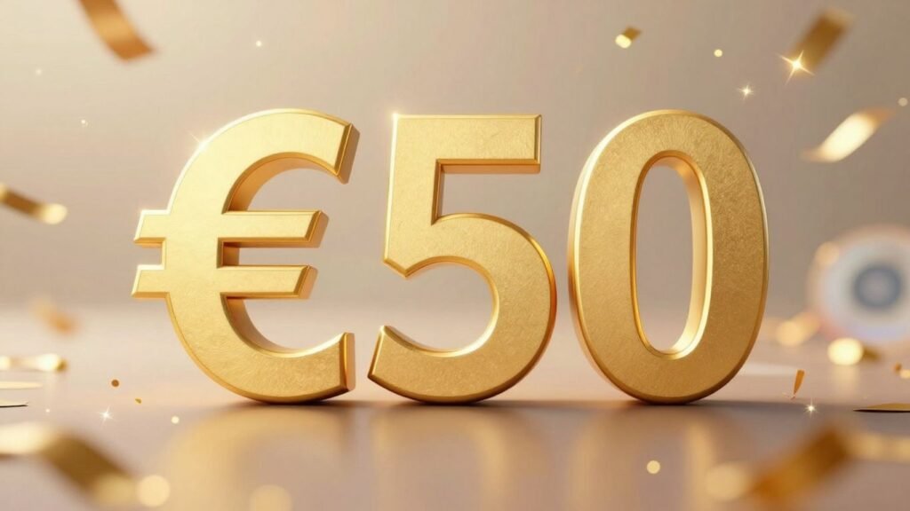 Golden €50 bonus with confetti and glowing lights.