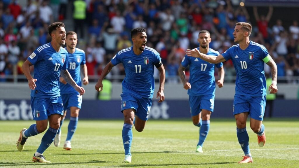 Italian football team celebrating a goal during a match.