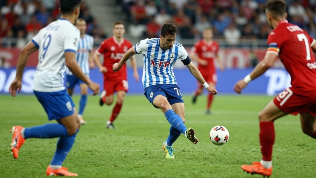 Football players in action during a match.