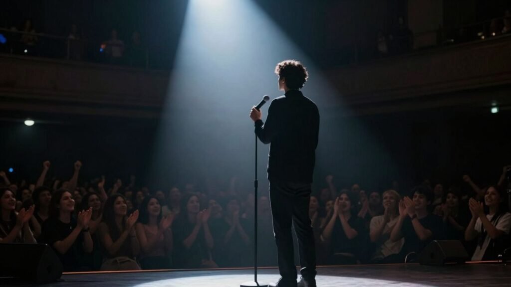 Microphone on a spotlighted stage, audience silhouettes in background.