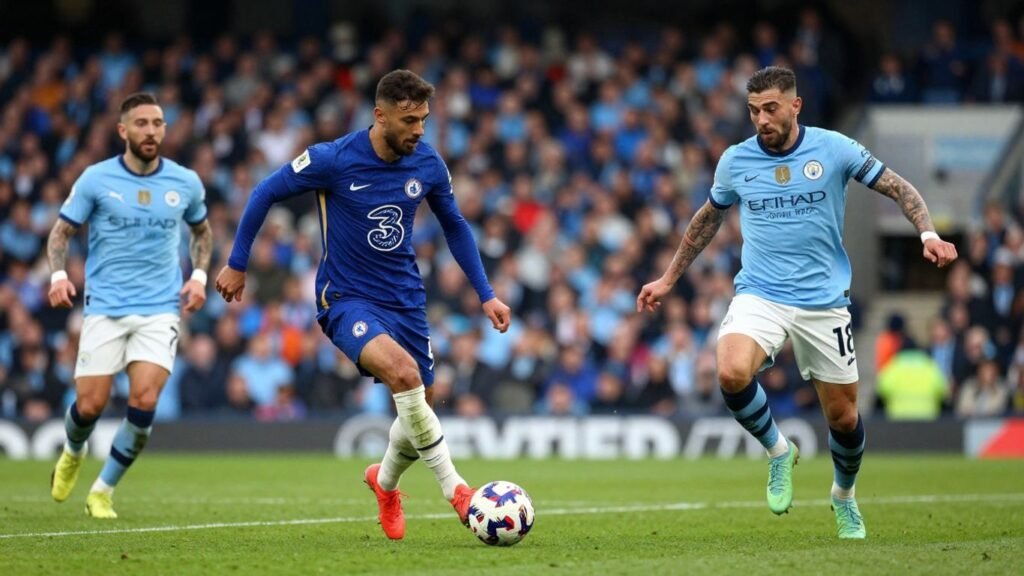 Soccer players from Chelsea and Manchester City compete on the field.
