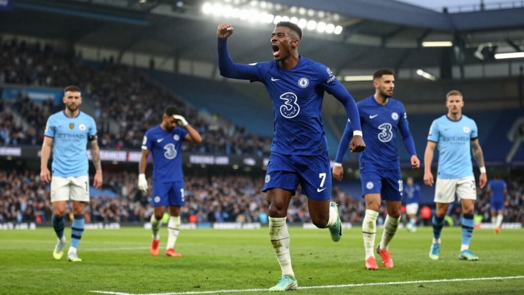 Chelsea player [Fernandez] scores a late goal against Man City.