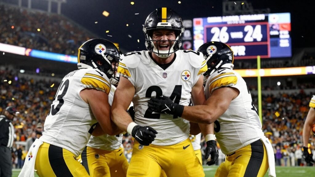 Steelers players celebrate playoff victory over Ravens.