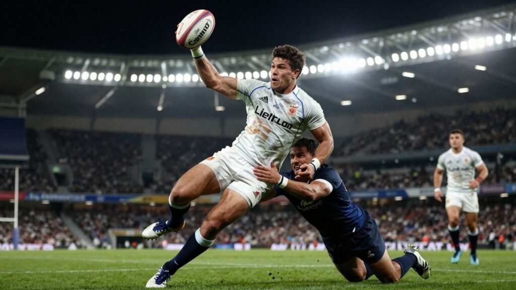 Rugby player scores spectacular try in 2025 Super League season.