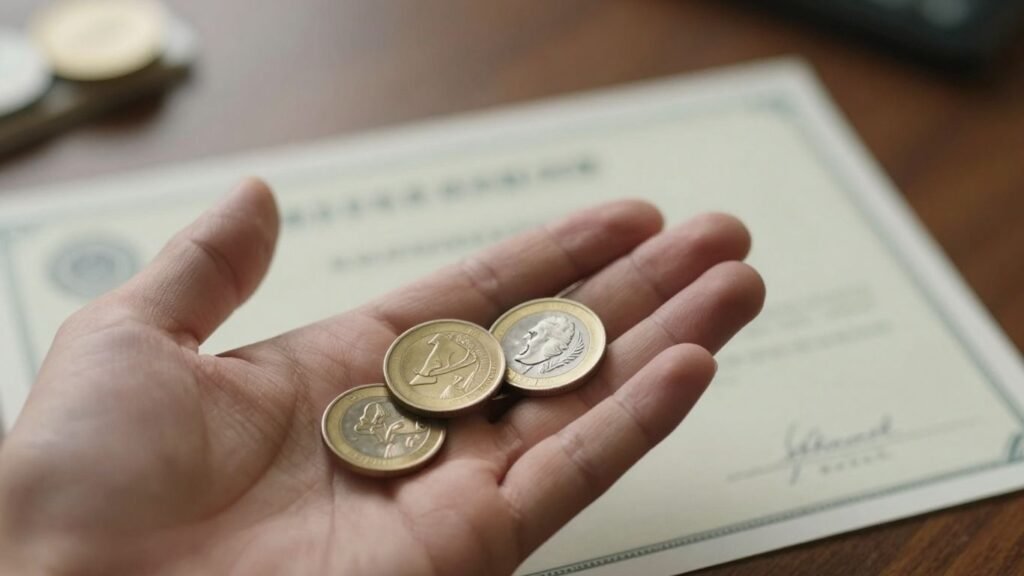 Hand holding coins and stock certificate for investing.
